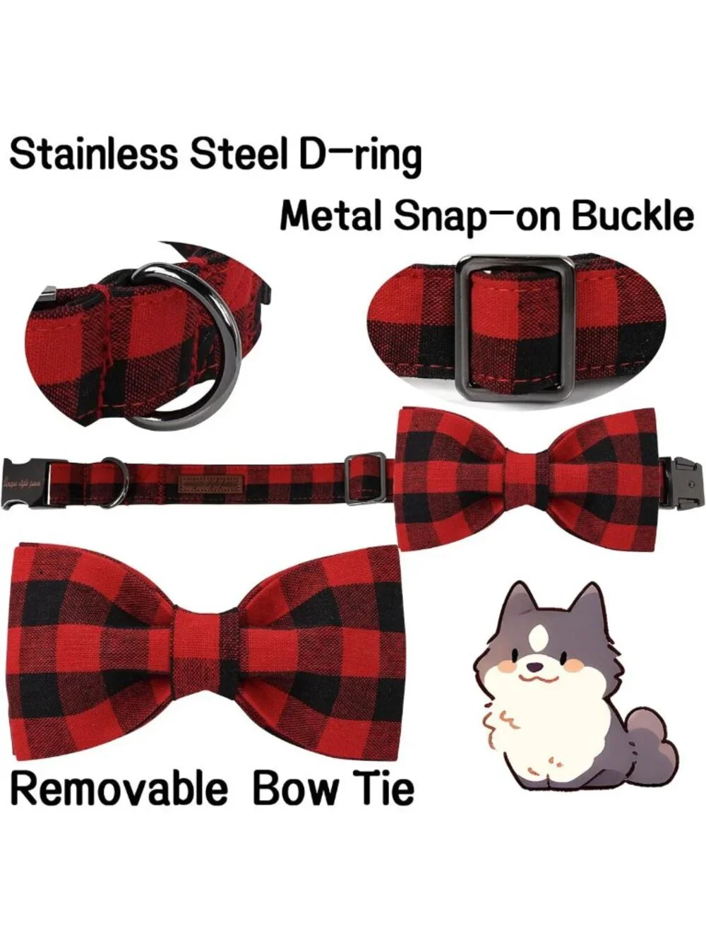 Plaid Cotton Dog Collar with Bow | Adjustable Pet Collar for Small to Large Dogs